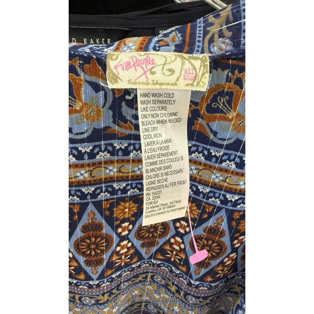 Free People Solstice Shimmer Tie Front Kimono Geometric Blue Shimmer One Size